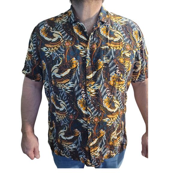 Tasso Elba Zeluha Bird Graphic Shirt Mens XXL Silk Rayon Beachy Dadcore Heritage - Picture 1 of 8